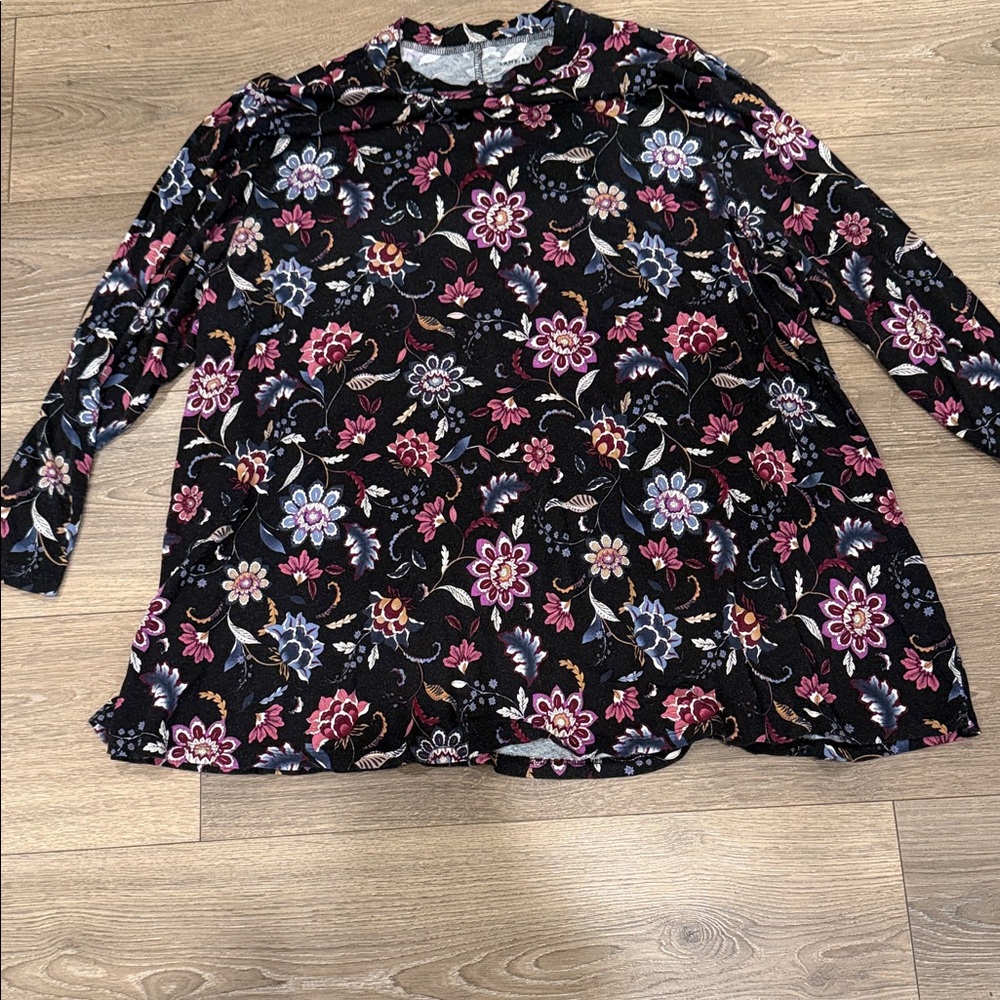 Lane Bryant Black Floral Long Sleeve Top — Pink & Blue Accents